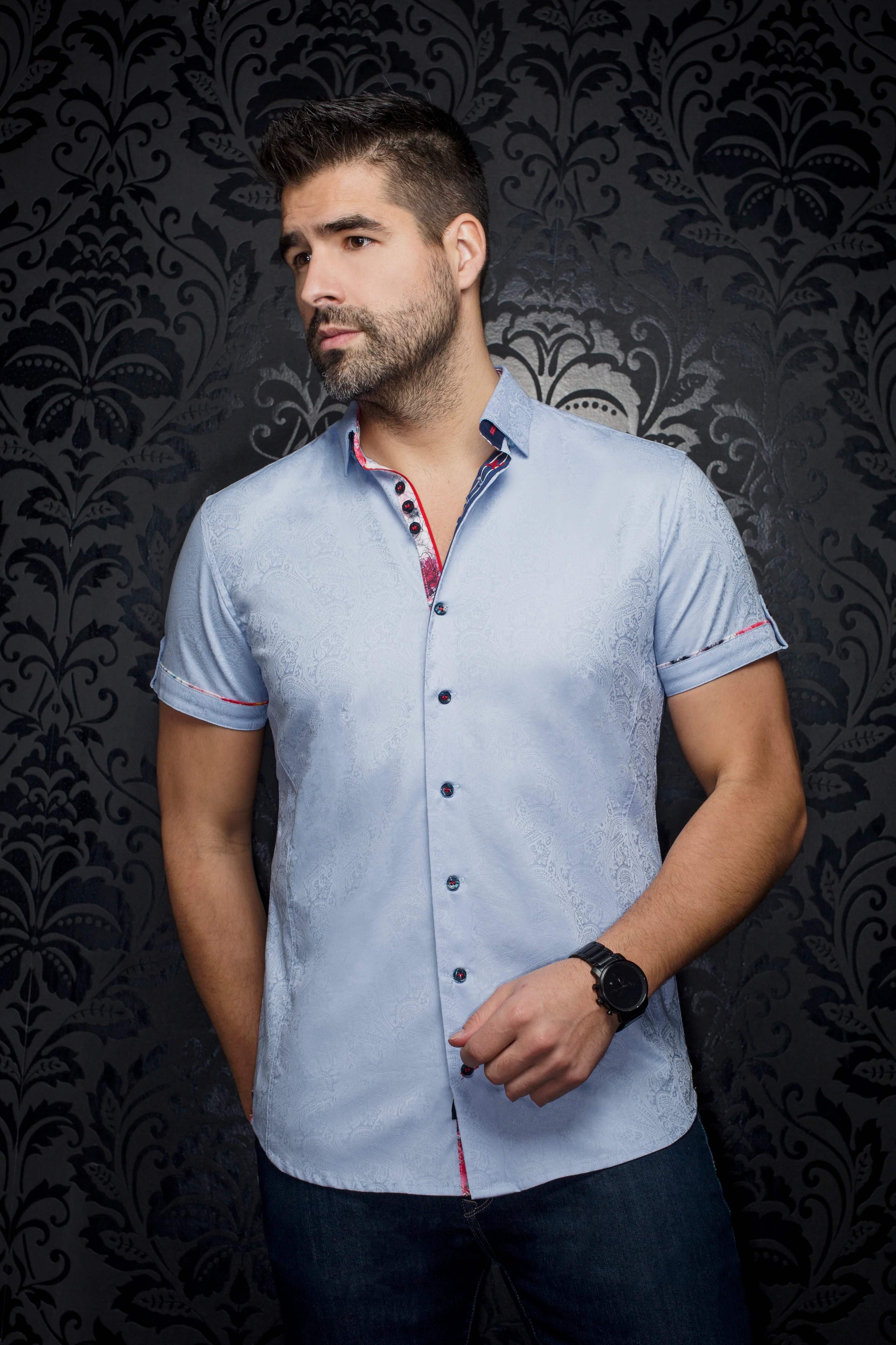 Men Au Noir Woven Short Sleeves Shirt Donizetti Lt. Blue - Image 3