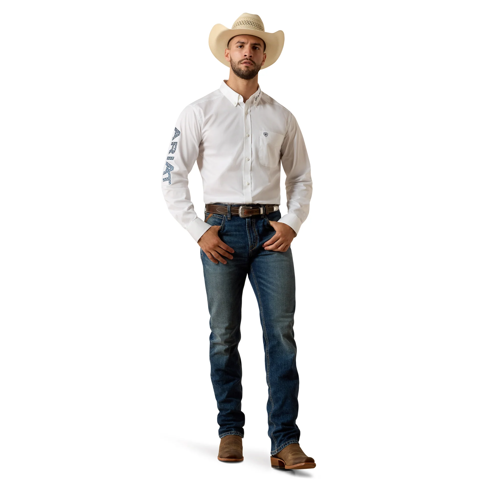 Men Ariat Shirt Team Logo (LS) White 10073652 - Image 5