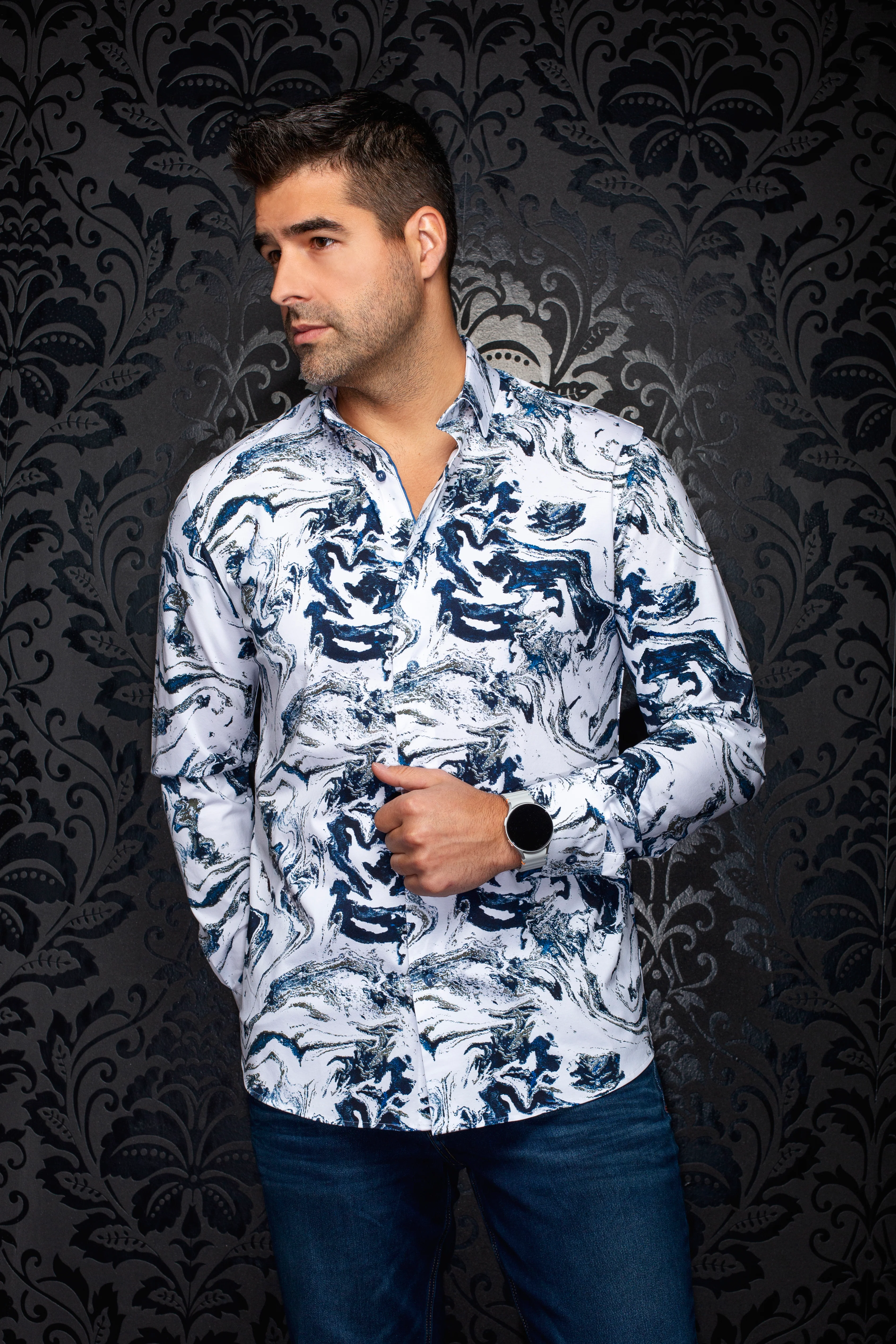 Men Au Noir Knit Shirt Thomas (LS) White Blue