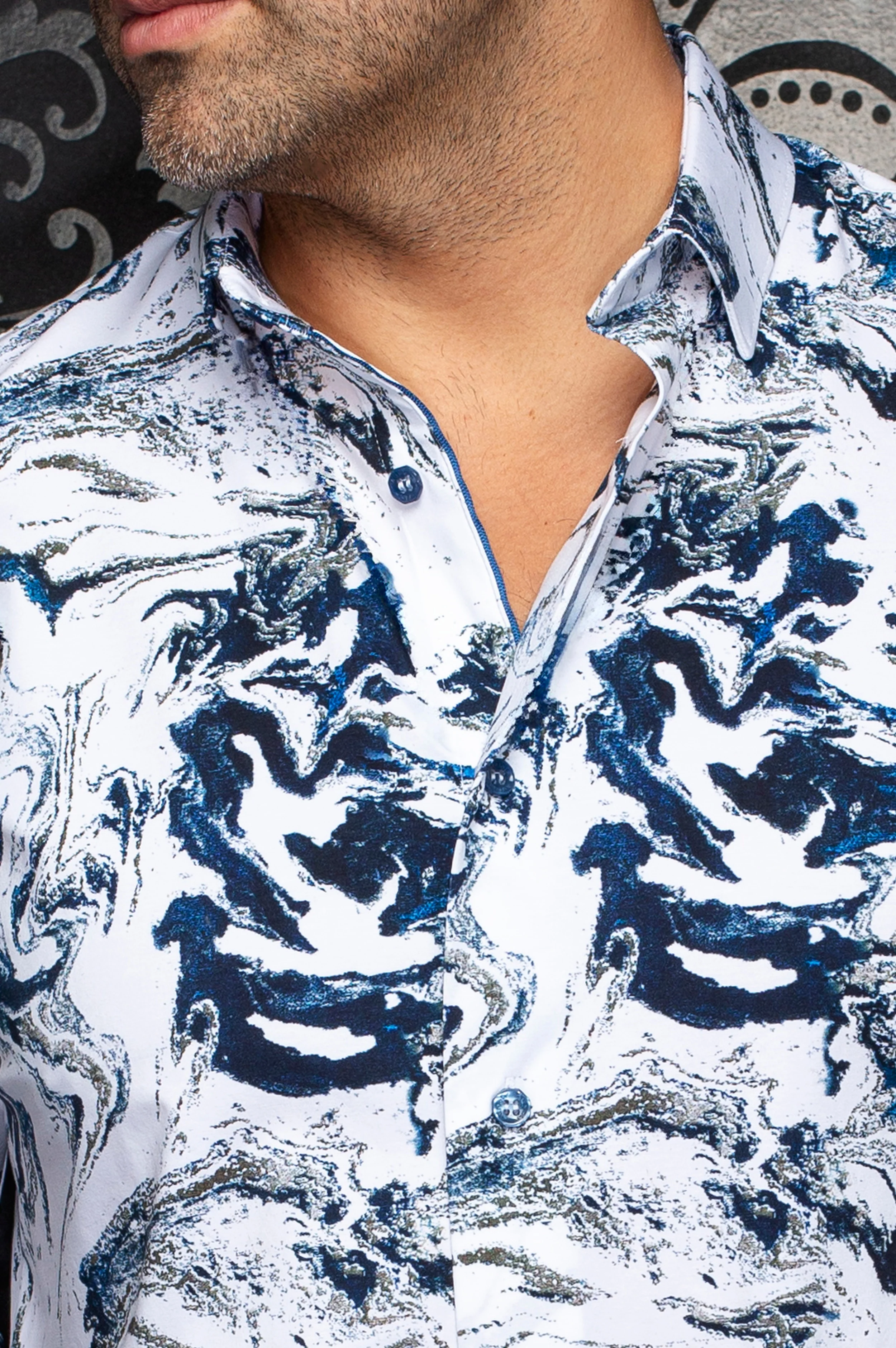 Men Au Noir Knit Shirt Thomas (LS) White Blue - Image 2
