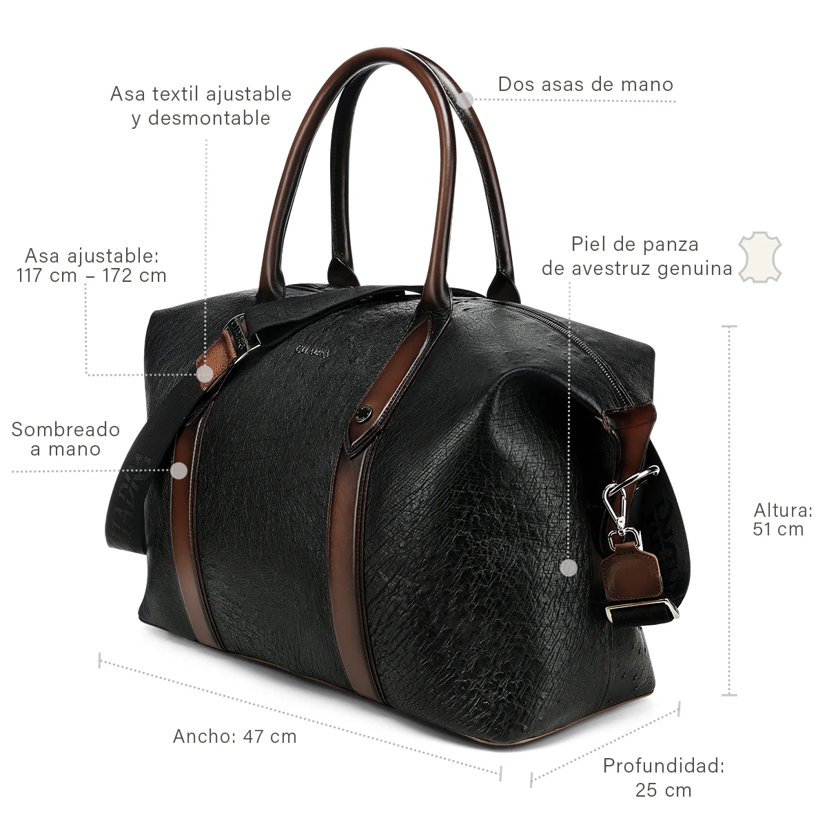 Men Cuadra Smooth Ostrich Travel Bag DU812 - Image 7