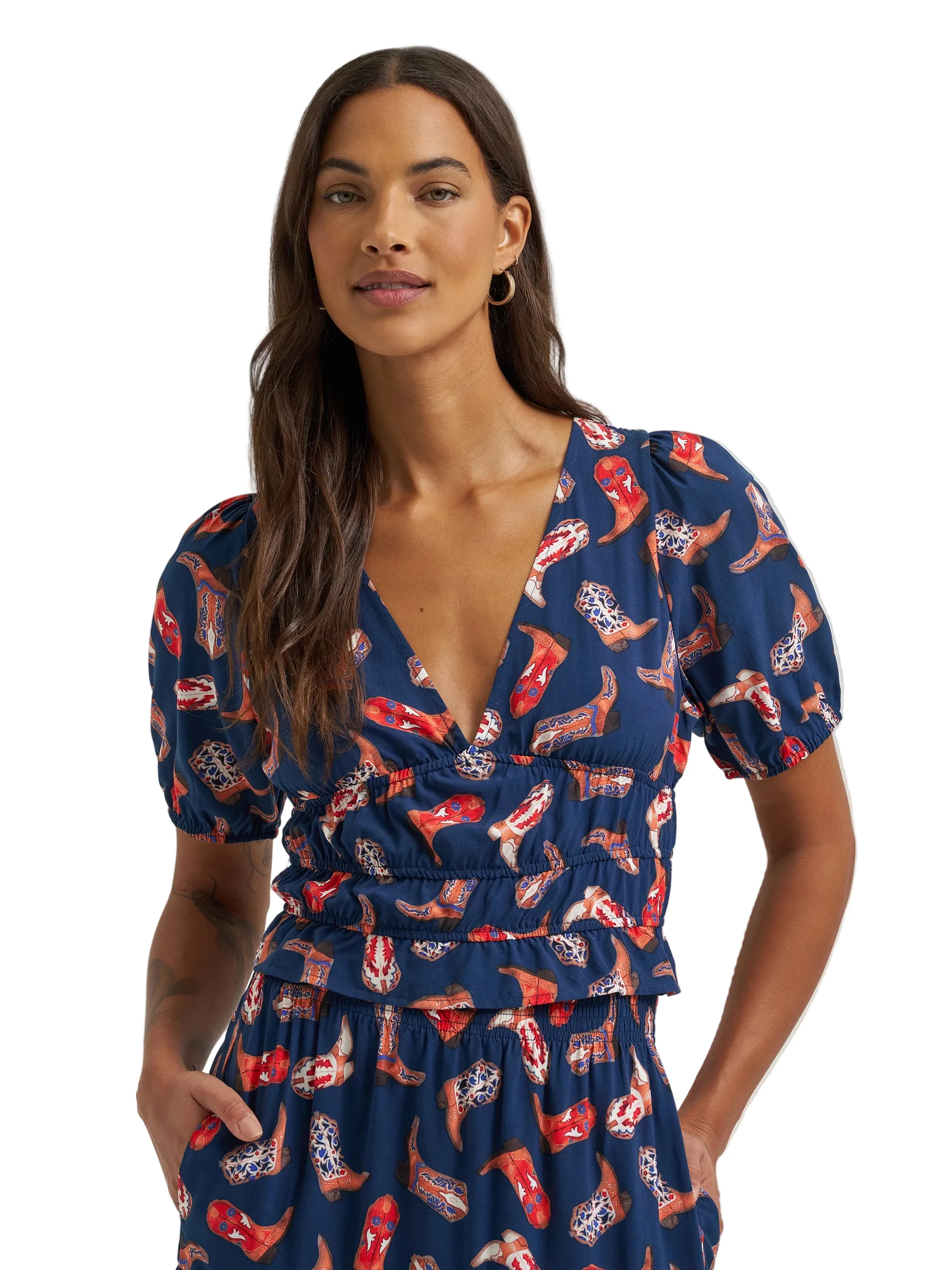 Women Wrangler Puff Sleeve V-Neck Blouse 112379488